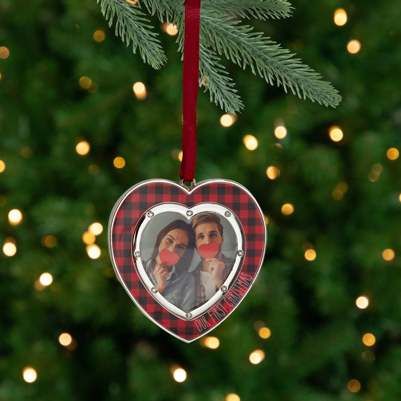 Buffalo Plaid Heart Shaped Picture Frame Christmas Ornament - 3" - Silver Finish
